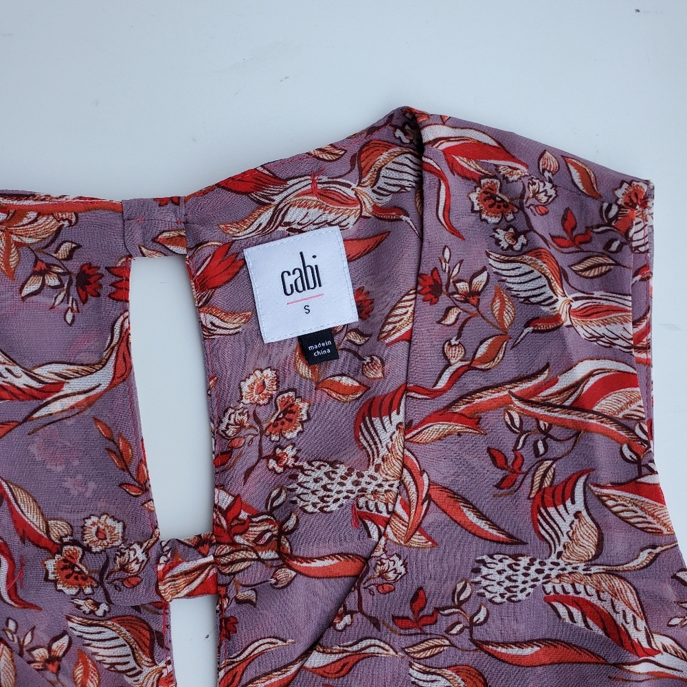 Cabi Small Blouse Good Luck Crane Shirt Mauve Sleeveless Peplum Top Flowy Bows - Picture 5 of 15